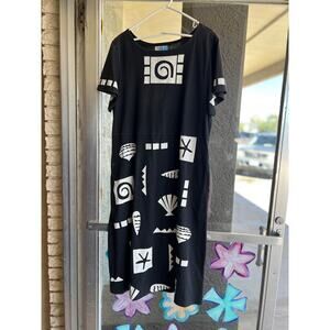 Vintage Maxi Dress 90's Summer Beach Black White Short Sleeve by M MAC Size XL